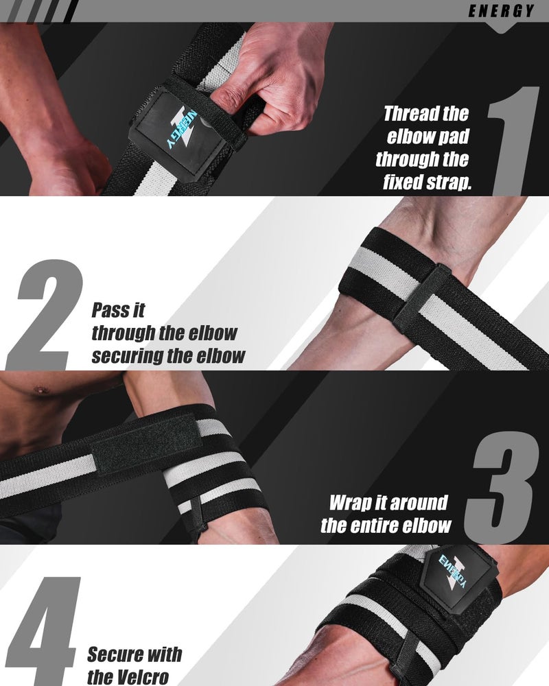 kcross Elbow Wraps for Weightlifting, 47" Strengthening support Elbow Sleeve Weightlifting (1 Pair) for Powerlifting, Bench Press, Gym Workout (Black White) - Image 5